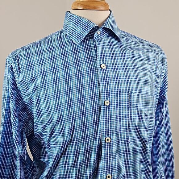 Peter Millar Blue Checker Plaid Long-Sleeve Button-Up Shirt Men's Medium - Picture 3 of 12